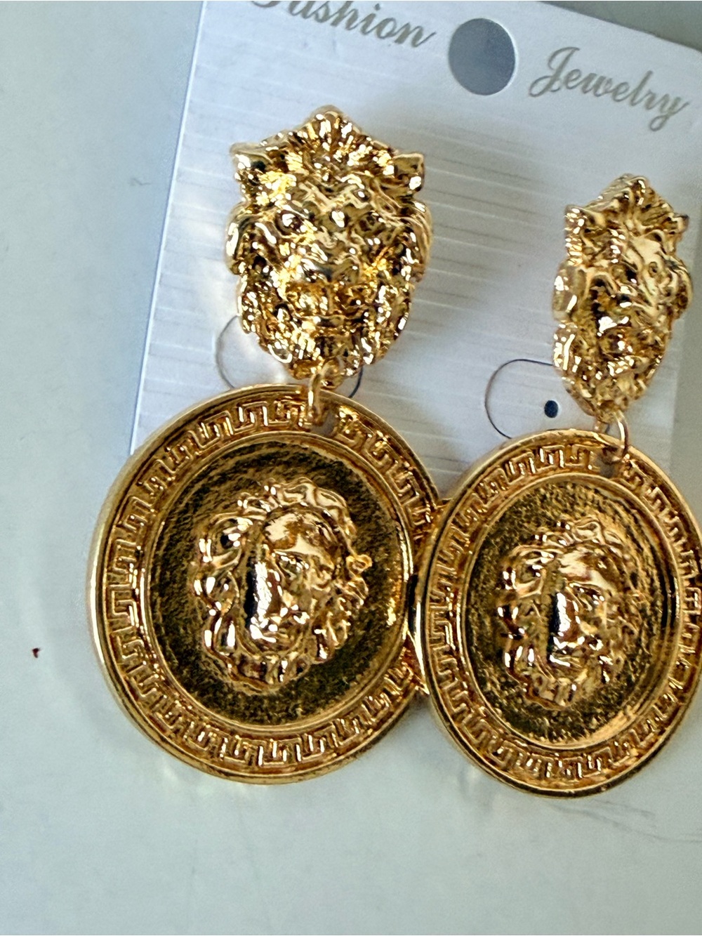 Fashion Jewelry Gold Lion Medallion Drop Earrings